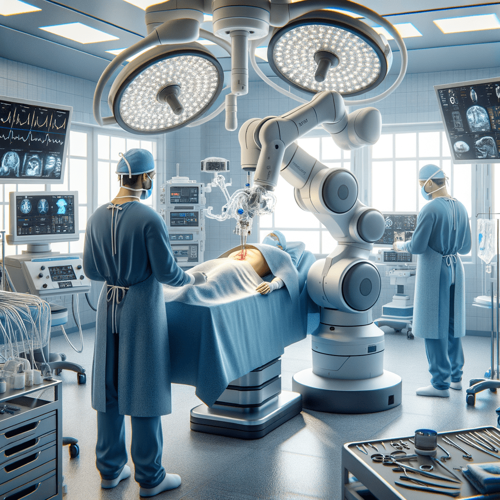 Photorealistic 16:9 image of Robotic surgery being done on a patient in a modern surgical room