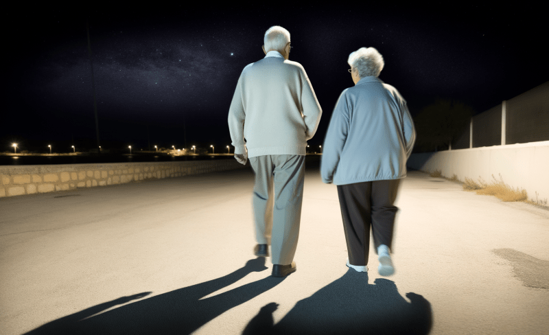 Elderly american couple on a night walk