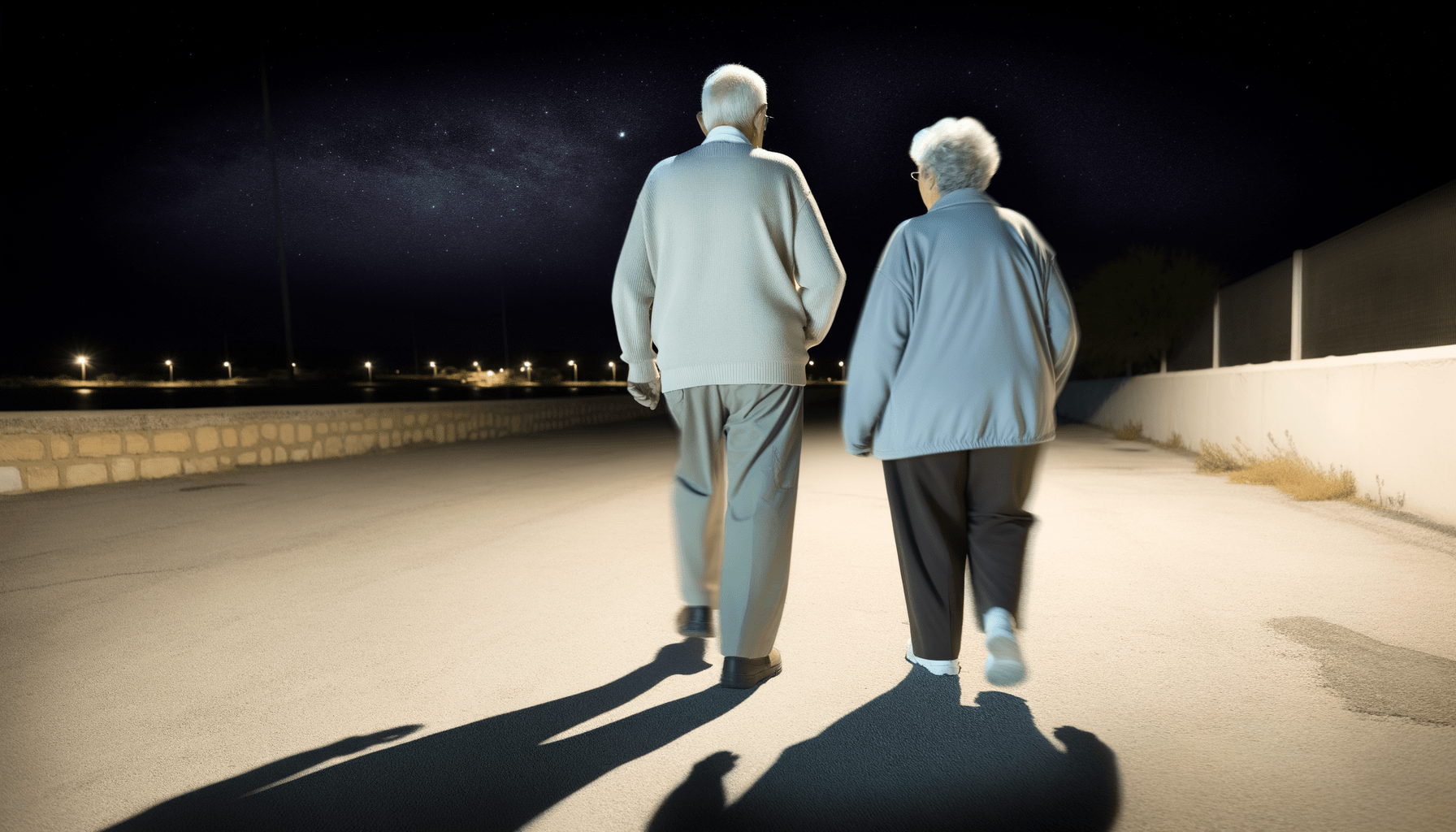 Elderly american couple on a night walk